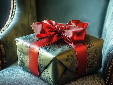Elegant chair with beautifully wrapped gift box, green packaging and red ribbon bow, for holiday season, birthday or Valentine's Day celebration. Luxury present concept, modern design ideal for greeti