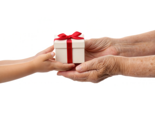 A child and an elderly person's hands exchanging a small gift box adorned with a red ribbon.