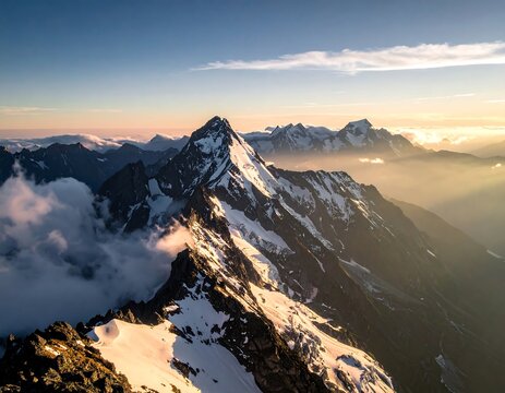 Aerial view of a majestic, snow-capped mountain peak bathed in warm sunlight during sunset