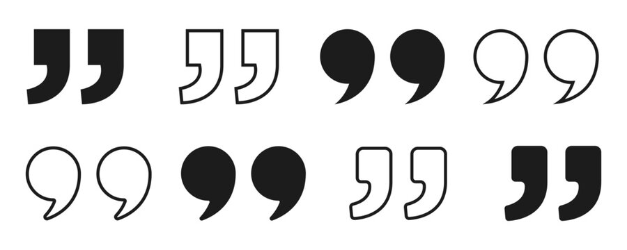 Quote right icon set. Double quotation symbol. Discussion dialog remark open and close quote sign. Filled and outlined style