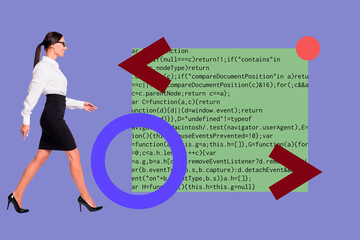 Collage of business man woman in front of abstract charts programming code symbolizing creative digital professions