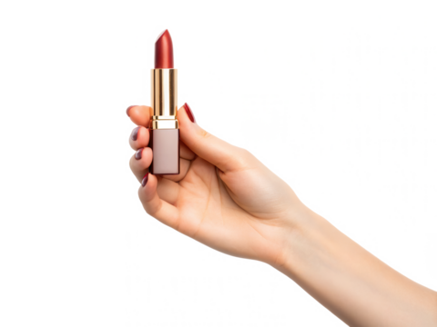 A hand holding a stylish lipstick against a black background, highlighting beauty and cosmetic elegance.