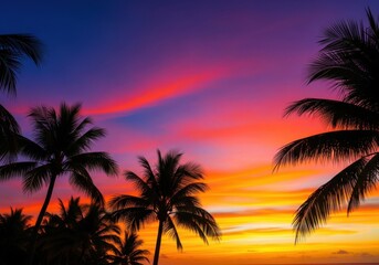 Obraz premium Vibrant tropical sunset with silhouetted palm trees against colorful sky