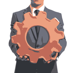 Business Professional Presenting Gear Icon Concept for Collaboration and Innovation