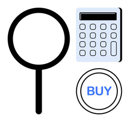 Magnifying glass, calculator, and a BUY button reflect search, financial calculation, and decision-making. Ideal for e-commerce, finance, shopping, decision-making analysis strategy simplicity