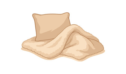 fluffy blanket and pillow quiet night comfort scene no outline flat vector illustration style isolated on white background muted beige palette