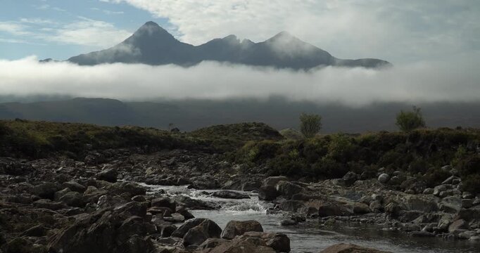 the peaks of Sg&ugrave;rr nan Gillean, Am Basteir and Sgurr a Bhasteir, part of the Cuillin mountain range, Isle of Skye, Scotland, UK.