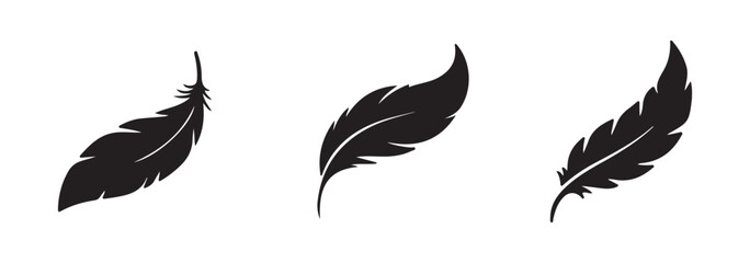 Black feather silhouette vector set. Different bird feathers icon collection. Bird feathers vector illustration, hand-drawn feather collection.