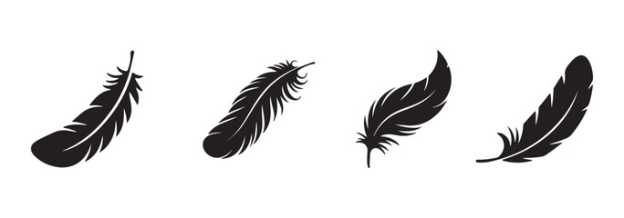 Fototapeta premium Black feather silhouette vector set. Different bird feathers icon collection. Bird feathers vector illustration, hand-drawn feather collection.
