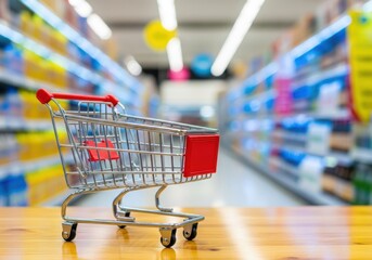 Empty shopping cart in a supermarket aisle