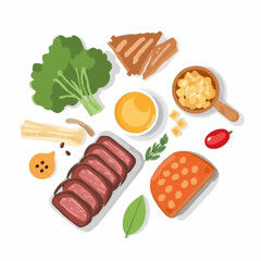 A vibrant flat illustration of various food ingredients arranged in a circular pattern, including meat, vegetables, and spices.