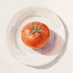 Watercolor painting of a ripe tomato on a white plate.