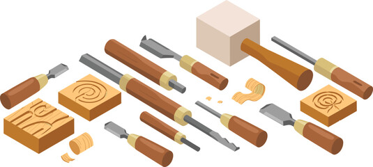 Isometric illustration of woodworking tools including chisels, mallet, and carved wooden blocks for craft, carpentry, and wood sculpture design
