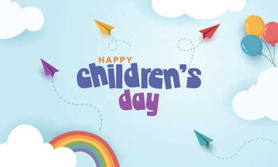 Children's Day postcard with flying balloons bunch and rainbow on blue sky background. Vector 3d paper colorful ballons special cartoon kids poster template