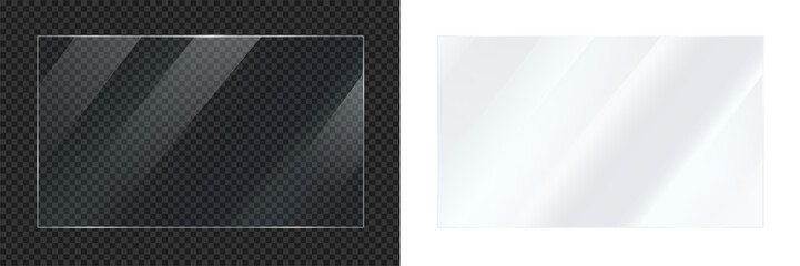 Realistic transparent glass plate panel texture with shiny glossy light glare reflective surface effect overlay on isolated background rectangle gradient window
