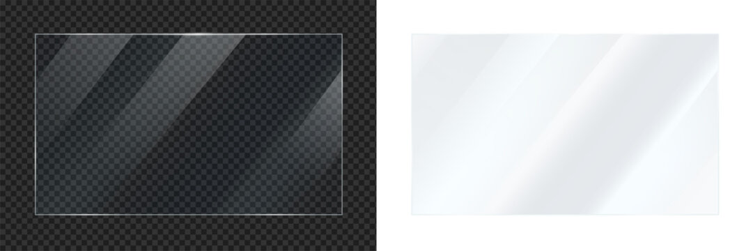 Realistic transparent glass plate panel texture with shiny glossy light glare reflective surface effect overlay on isolated background rectangle gradient window