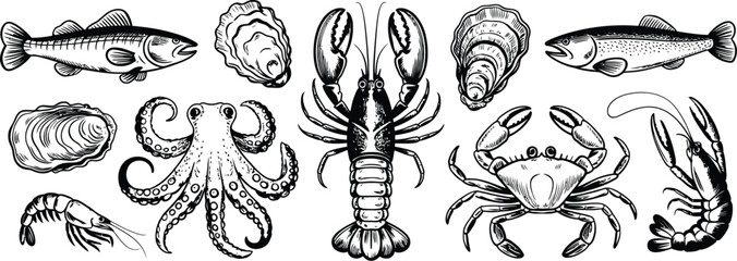 Seafood collection silhouette Bundle fish oyster