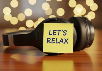 Headphones with a yellow sticky note saying lets relax