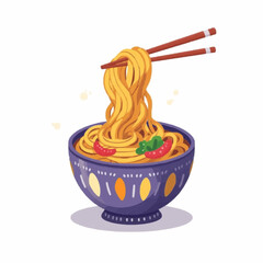 A steaming bowl of delicious noodles being lifted with chopsticks, garnished with chili peppers and herbs.
