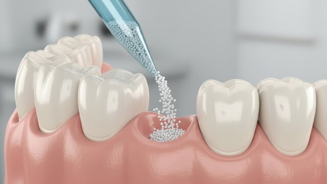 Dental bone graft with tool adding white granules in gums, dental cleaning, dental checkup