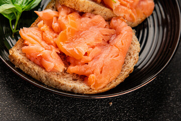sandwich salmon smoked fish open sandwich delicious fresh portion size natural product tasty snack fresh delicious gourmet food background on the table rustic top view copy space pescetarian diet
