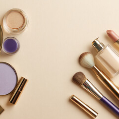 Elegant Makeup and Skincare Accessories on Soft Background with Flowers