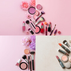 Elegant Makeup and Skincare Accessories on Soft Background with Flowers