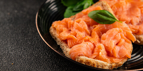 sandwich salmon smoked fish open sandwich delicious fresh portion size natural product tasty snack fresh delicious gourmet food background on the table rustic top view copy space pescetarian diet
