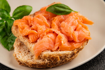 sandwich salmon smoked fish open sandwich delicious fresh portion size natural product tasty snack fresh delicious gourmet food background on the table rustic top view copy space pescetarian diet