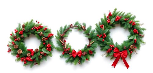 A trio of Christmas wreaths, varying sizes and styles, adorned with pine cones, berries, and ribbons, berries, pine cones
