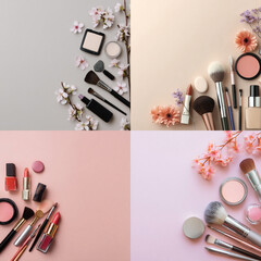 Elegant Makeup and Skincare Accessories on Soft Background with Flowers