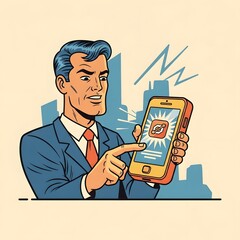 Successful businessman in a classic comic book style demonstrates a new mobile application on his smartphone with a city background