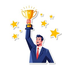 Celebrating Success An Illustration of a Man Holding a Trophy Amidst Stars, Symbolizing Achievement