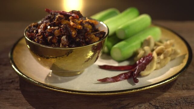 Pork Crackling Chili Paste (Nam Phrik kak Moo): Crispy, spicy, and savory. This Thai relish features crunchy cracklings, chili, and herbs. Served with fresh cucumber. A perfect crunch with hot rice.
