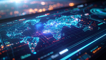 Digital World Map: An illuminated digital map of the world, highlighting data streams and networks in a dynamic and futuristic display of interconnectedness. 