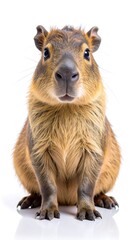 Adorable, tan capybara sits upright, facing forward, against a plain white backdrop