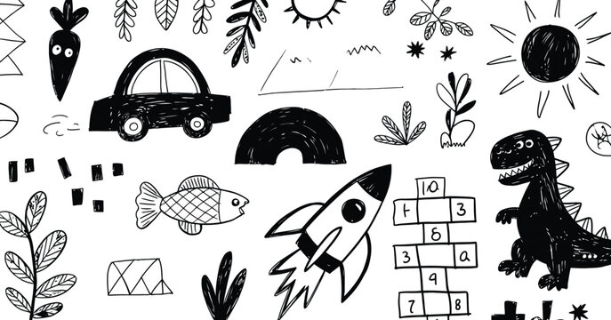 Dinosaur car rocket fish sun plants vector