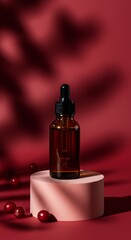 Naklejka premium Elegant presentation of natural beauty serum with cranberries on red background