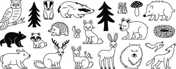 Obraz premium Woodland creatures and forest elements tree badger