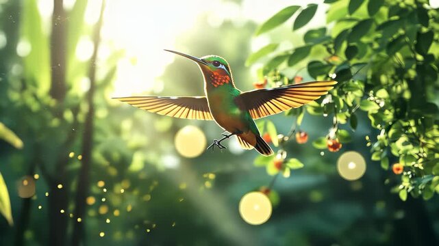 A colorful hummingbird hovers in the sunlight, its vibrant feathers shimmering against the lush green leaves. This hummingbird flits skillfully around bright flowers in the tranqui