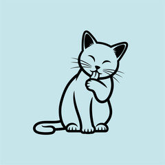 Playful cat licking its paw while sitting contentedly against a soft blue background