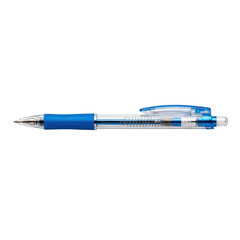 Blue mechanical pencil with a clear barrel and rubber grip, ready for writing or drawing.