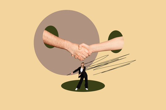 Creative collage of successful businessperson walking running over handshake symbolizing trust, partnership and achievement