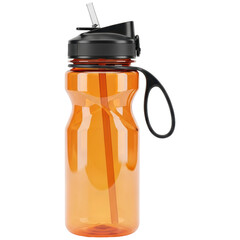 Vibrant orange reusable water bottle with a black lid, straw, and convenient carrying handle