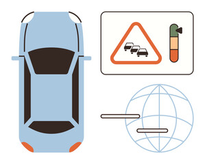 Blue car, traffic congestion warning triangle, thermometer sign for temperature levels, global positioning representation. Ideal for navigation, transportation, technology, automation, traffic