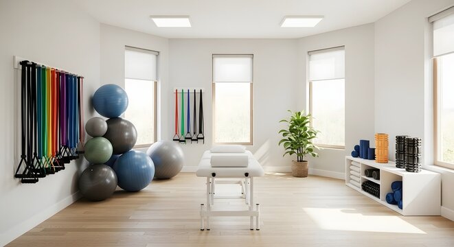 Bright and airy modern fitness studio with resistance bands stability balls and yoga mats ready for a workout session - Powered by Adobe
