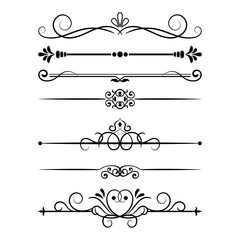 Gold text dividers doodle set. Wedding decorative elements. Divider ornament, borders, floral, vintage line separators. Hand drawn vector illustration isolated on white background.Set page dividers.