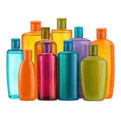 Colorful shampoo and conditioner bottles png cosmetic png beauty png haircare png hygiene png product png packaging png set png bathroom png salon png transparent background image