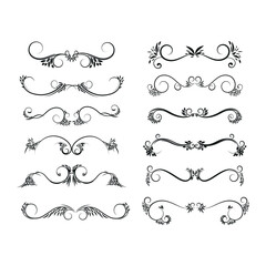 Obraz premium Gold text dividers doodle set. Wedding decorative elements. Divider ornament, borders, floral, vintage line separators. Hand drawn vector illustration isolated on white background.Set page dividers.