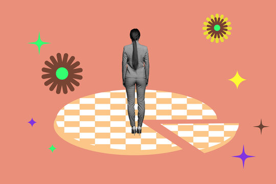 Collage of joyful fashion model in retro colorful bohemian patterns background evoking vintage style artistic flair